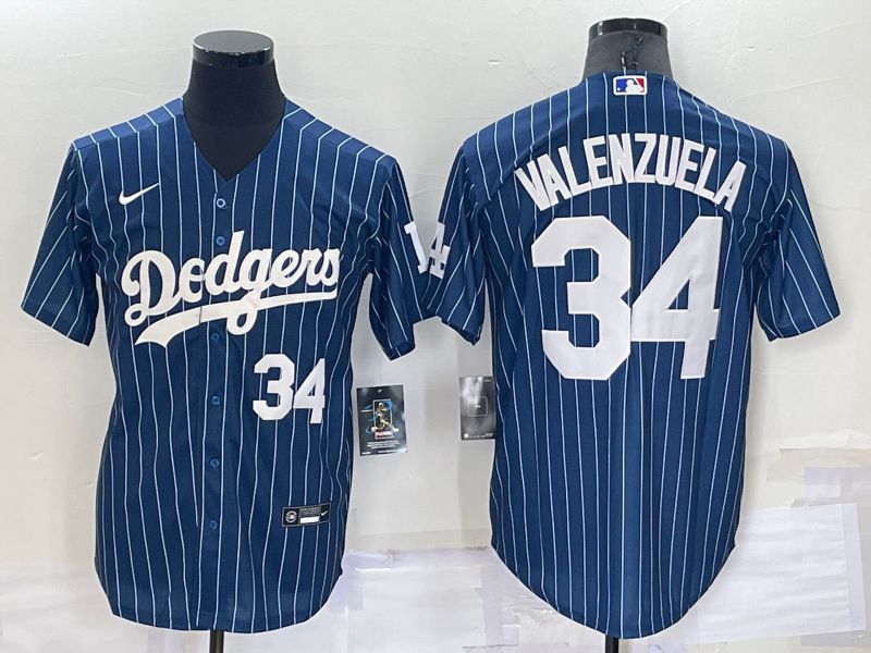 Men Los Angeles Dodgers 34 Valenzuela Blue Stripe Throwback Nike 2022 MLB Jersey1